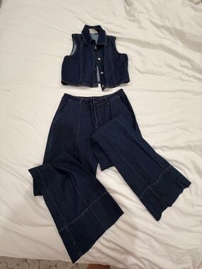 NWT LOV MOR Dark Indigo Denim Crop Vest and Wide Leg Pants Set